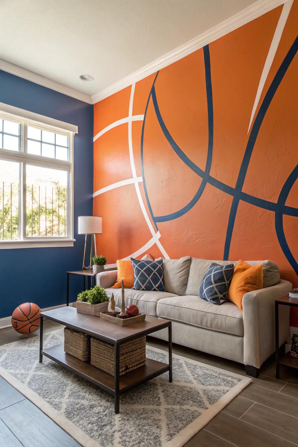 A striking accent wall embodies team enthusiasm.