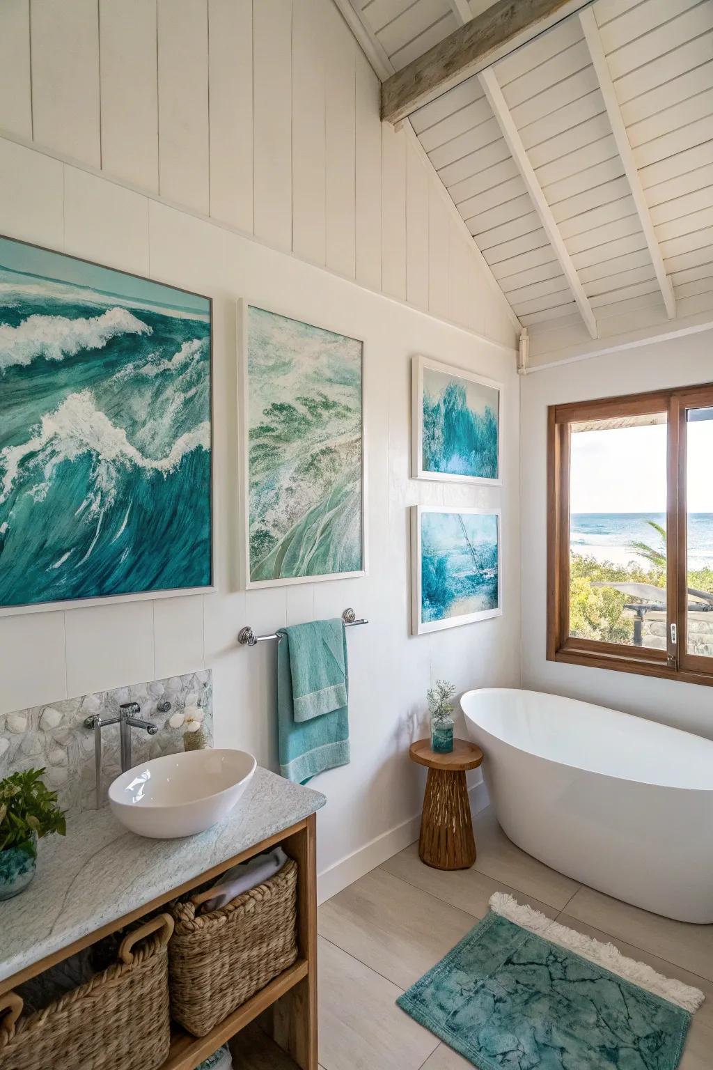 Abstract coastal art conjures a serene seaside environment.