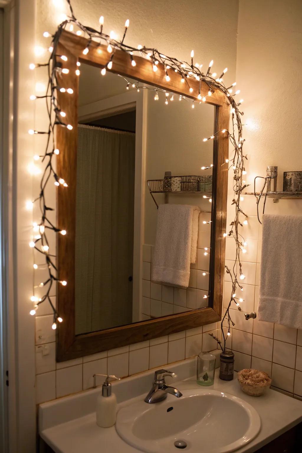 Filament lighting contributes a bewitching signature to this powder room looking-glass.