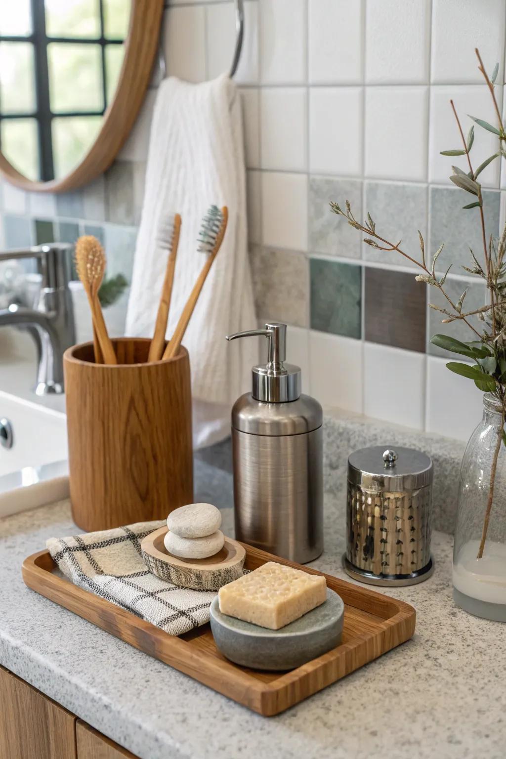 Design an eclectic bathroom counter with a fusion of materials.