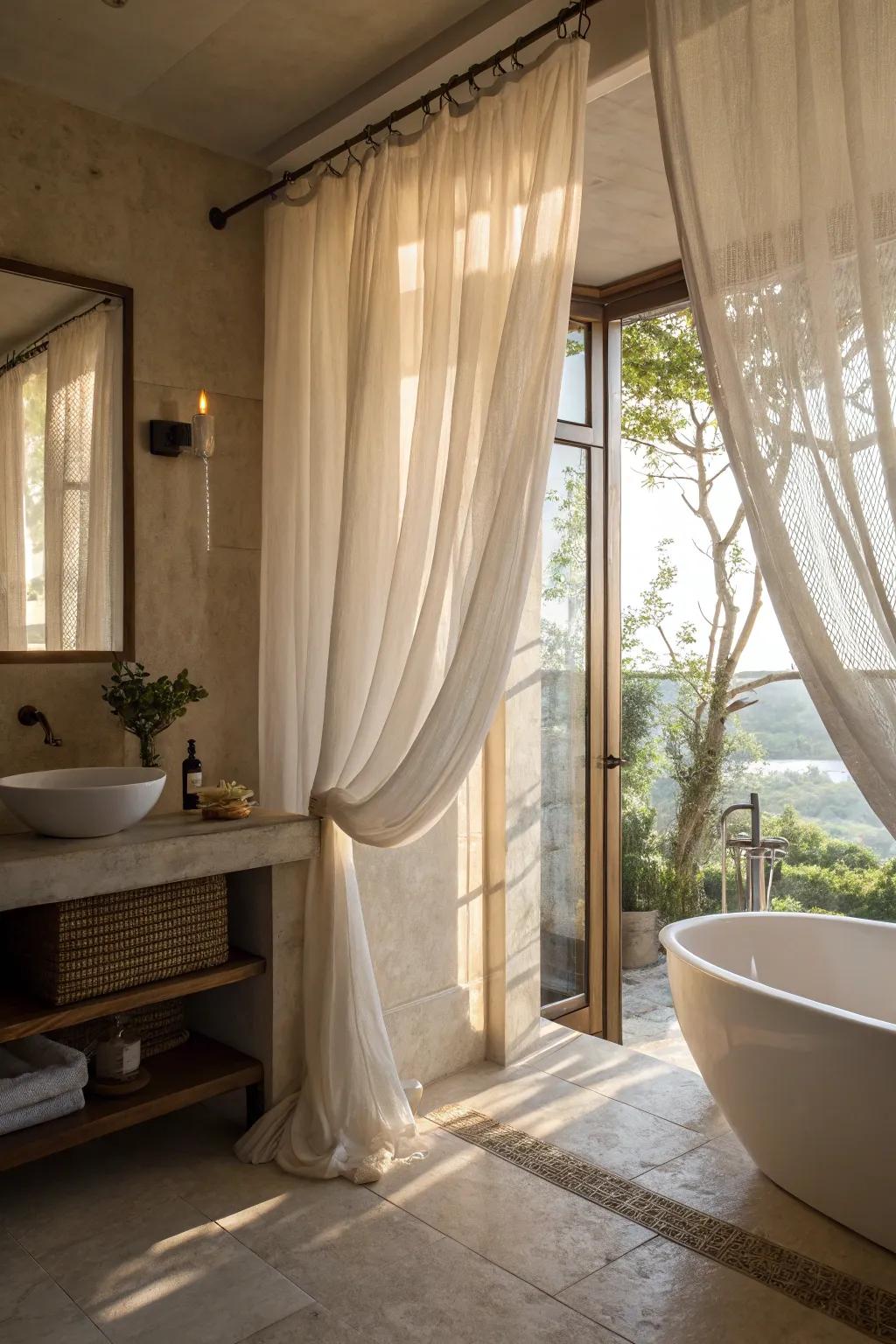 Sheer textiles fashion a spa-like, rejuvenating ambiance inside your restroom.