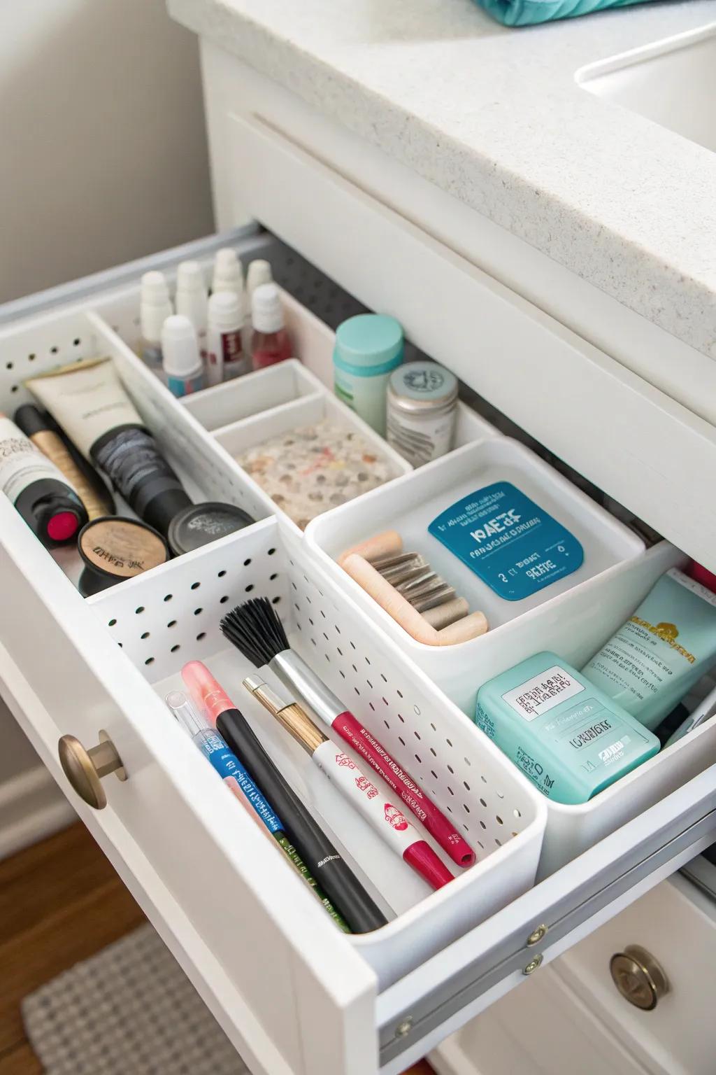 Kitchen organizers repurposed for bathroom storage offer unexpected versatility.