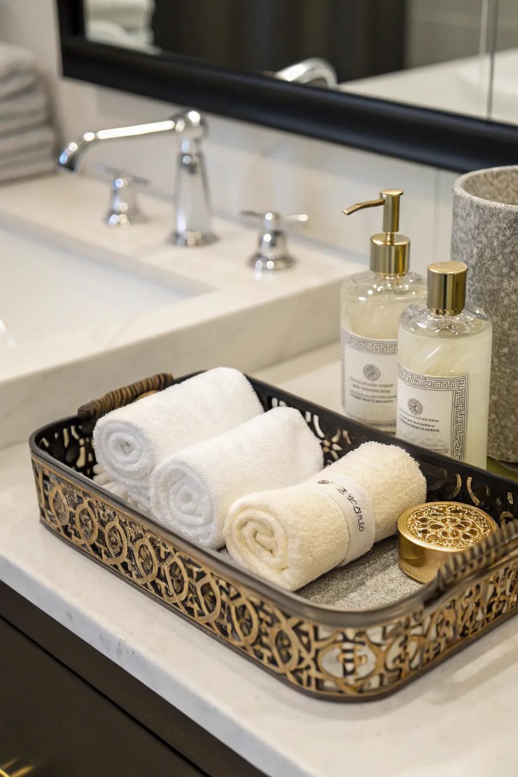 Rolled towels in a tray offer a neat and elegant presentation.