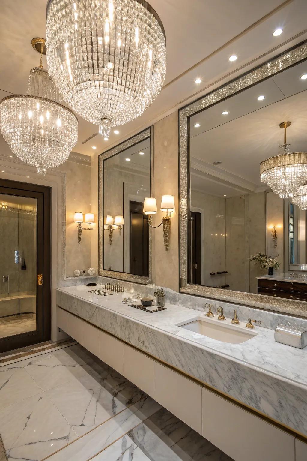 Gem fixtures add glamour and sparkle to the bathroom.