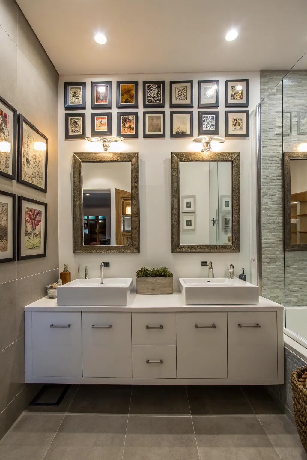 A gallery of small mirrors adds creativity and whimsy to the bathroom.