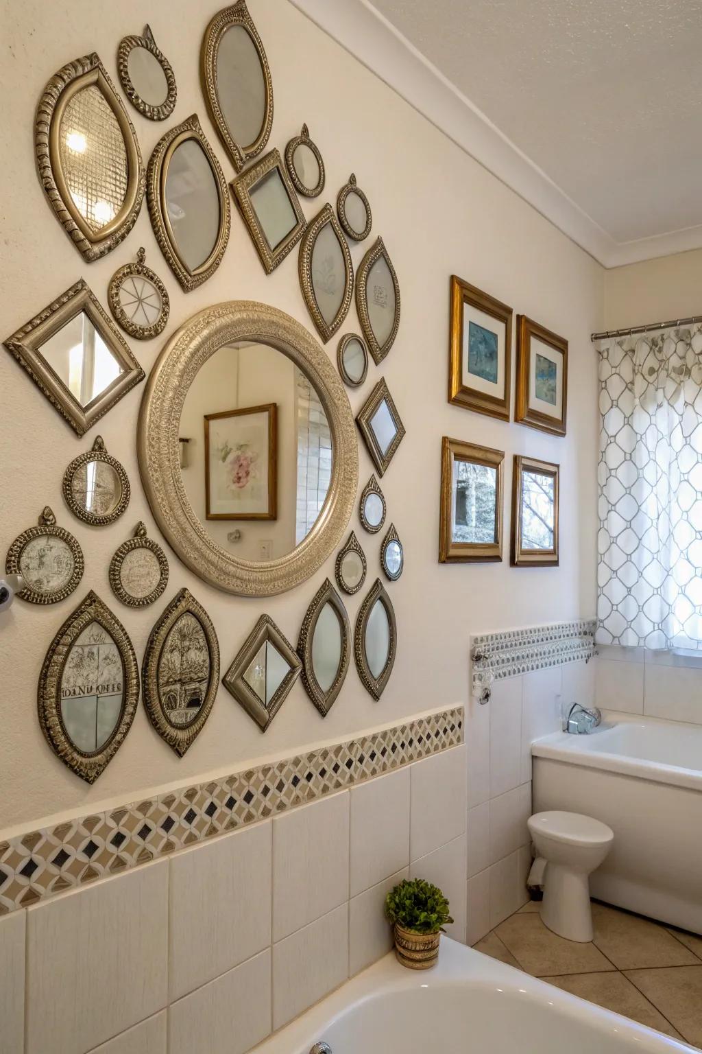 Mirror gallery walls bring a quirky touch to bathroom decor.