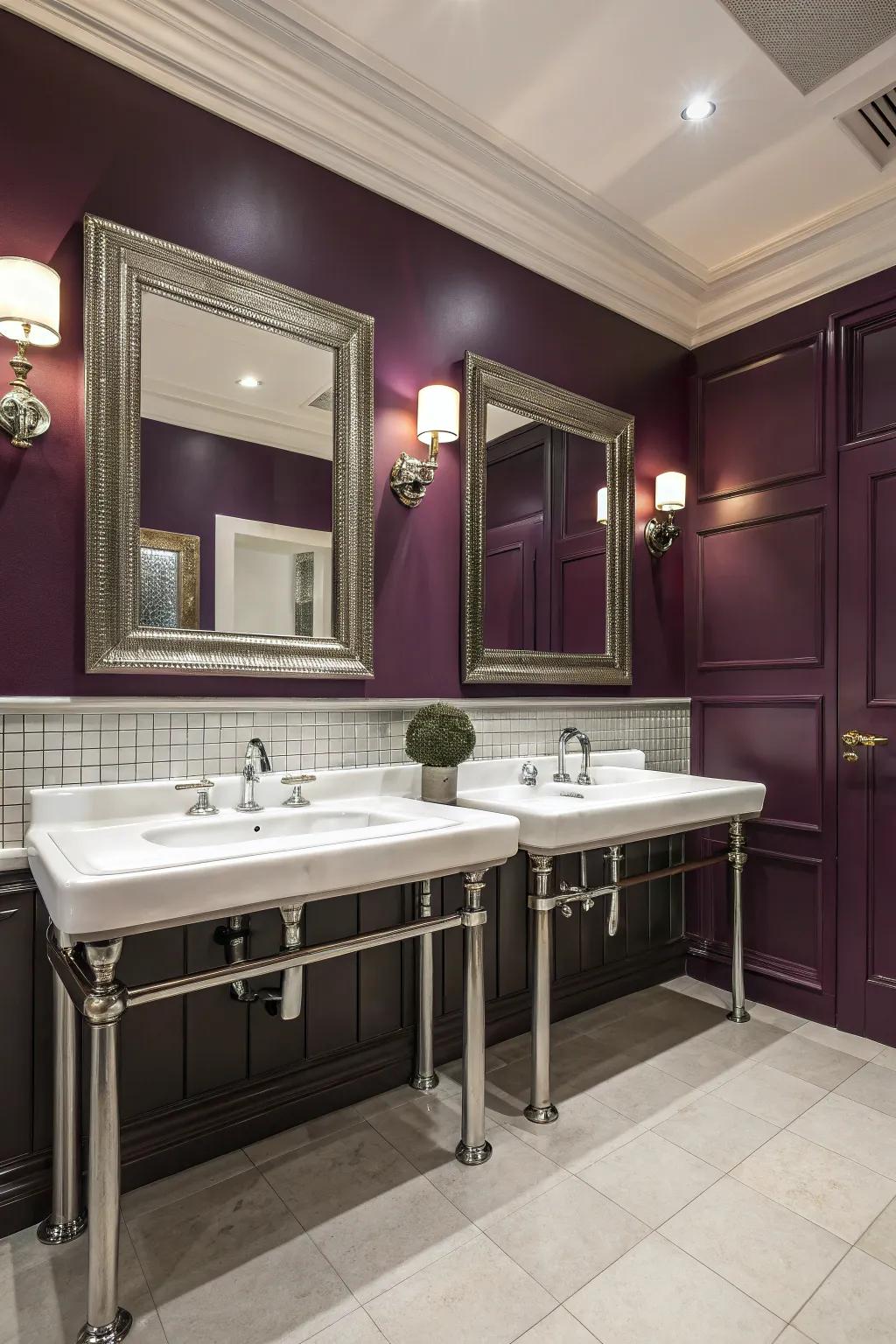 Plum walls add a grand touch of style to the bathroom.