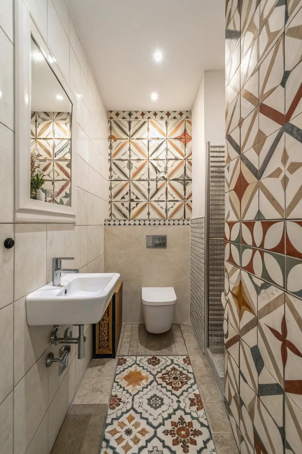 Angular patterns bring a modern flair to bathroom designs.