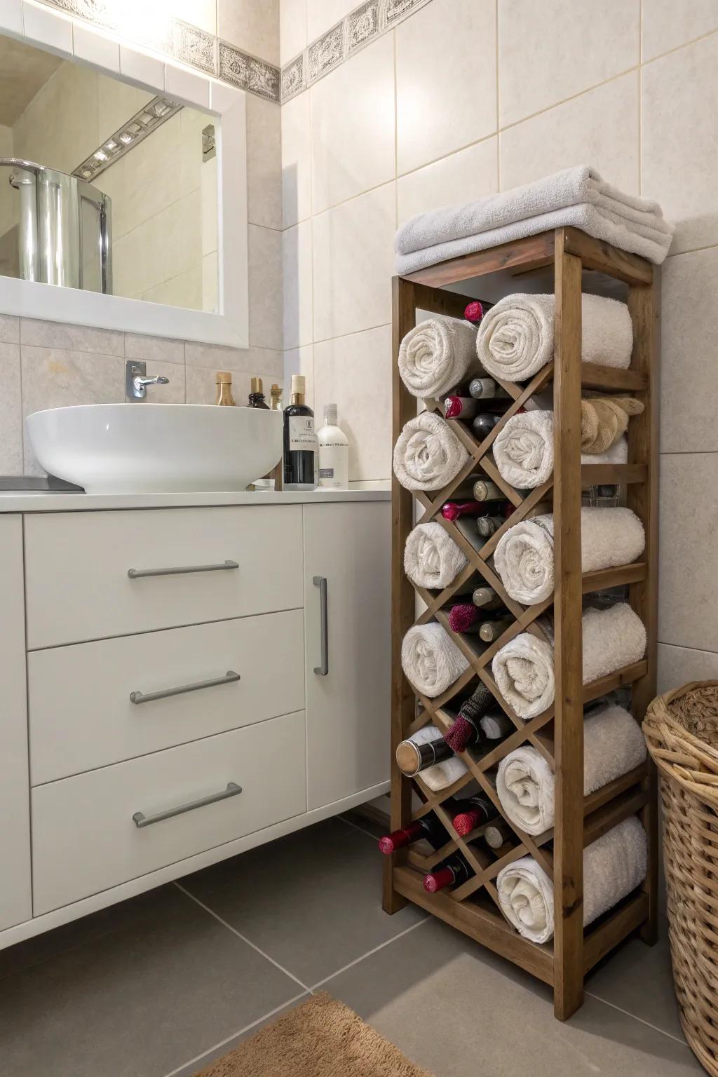 A wine rack creatively repurposed for towel storage.