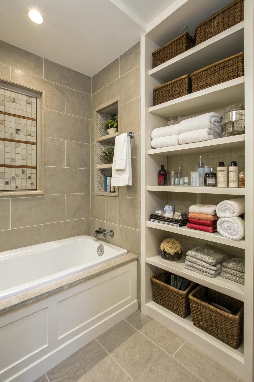 Integrated storage maintains this bathroom's organized and clutter-free ambiance.