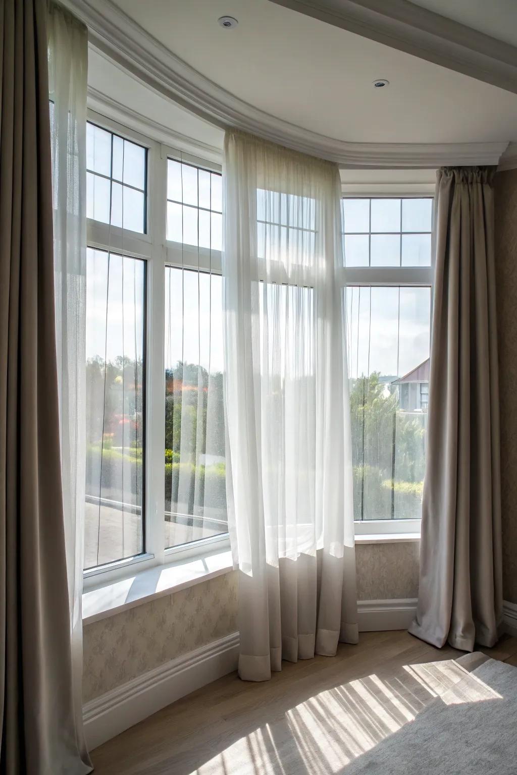 Layering sheers with blackouts offers flexibility in light control and privacy.