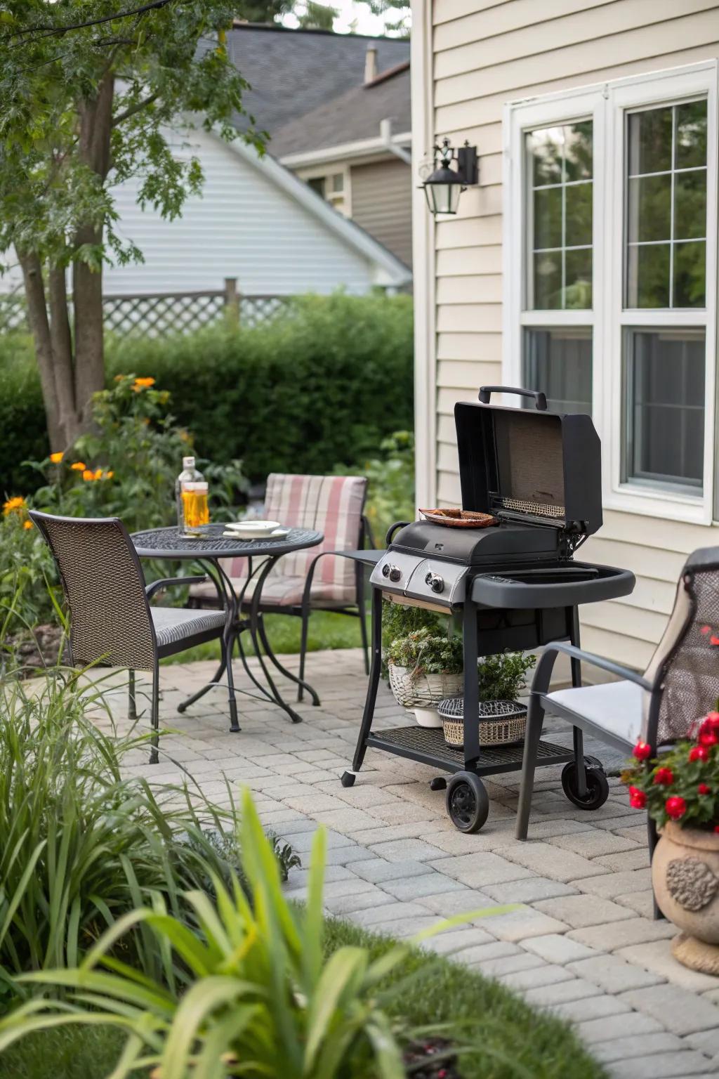 A portable grill cart offers flexibility and convenience for your BBQ patio.
