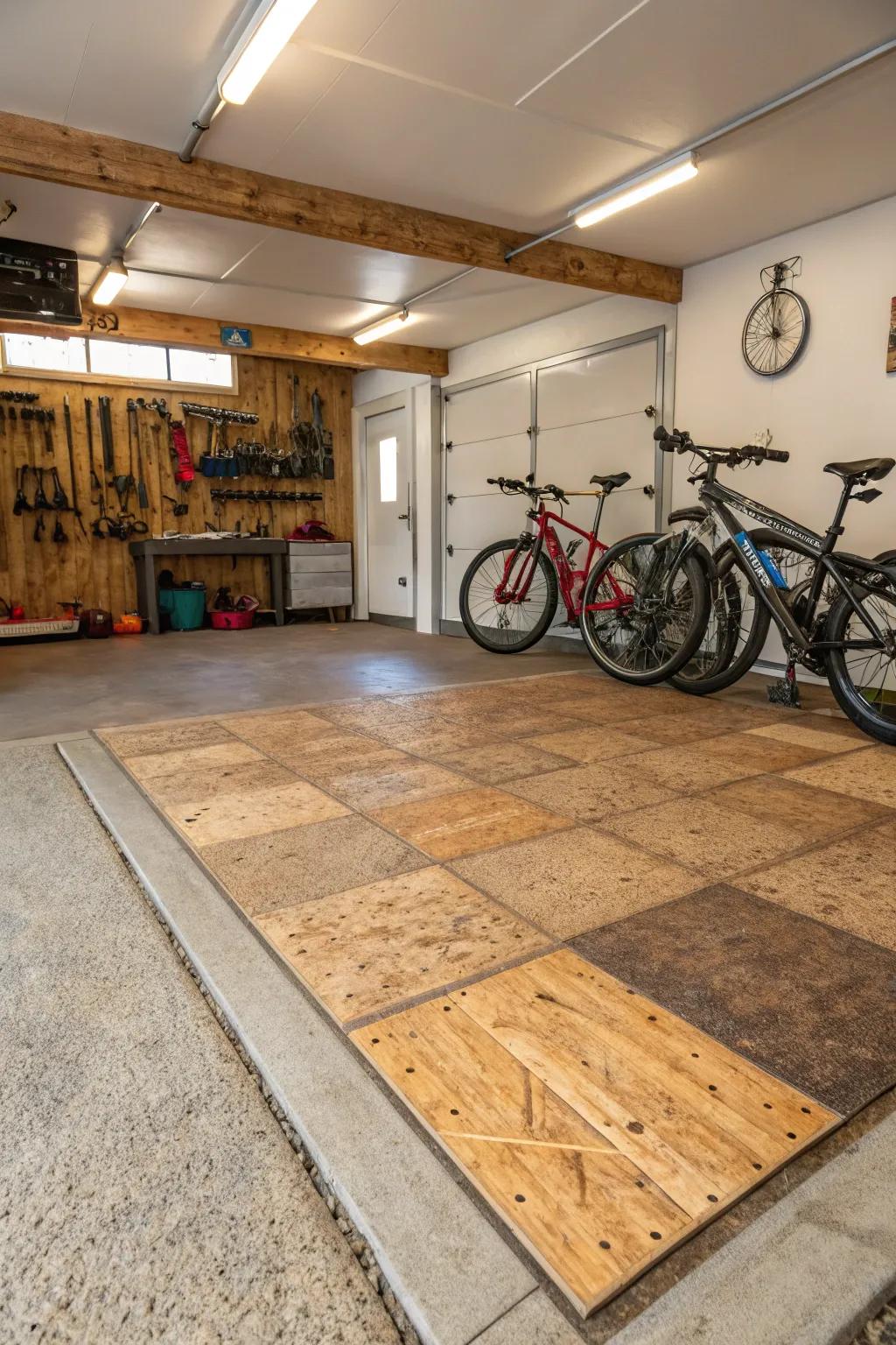 Eco-friendly flooring enriches the garage with warmth and flair.