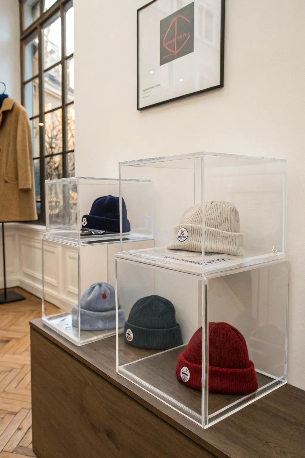 Clear boxes offer a pristine presentation, turning your beanie display into an artful collection.
