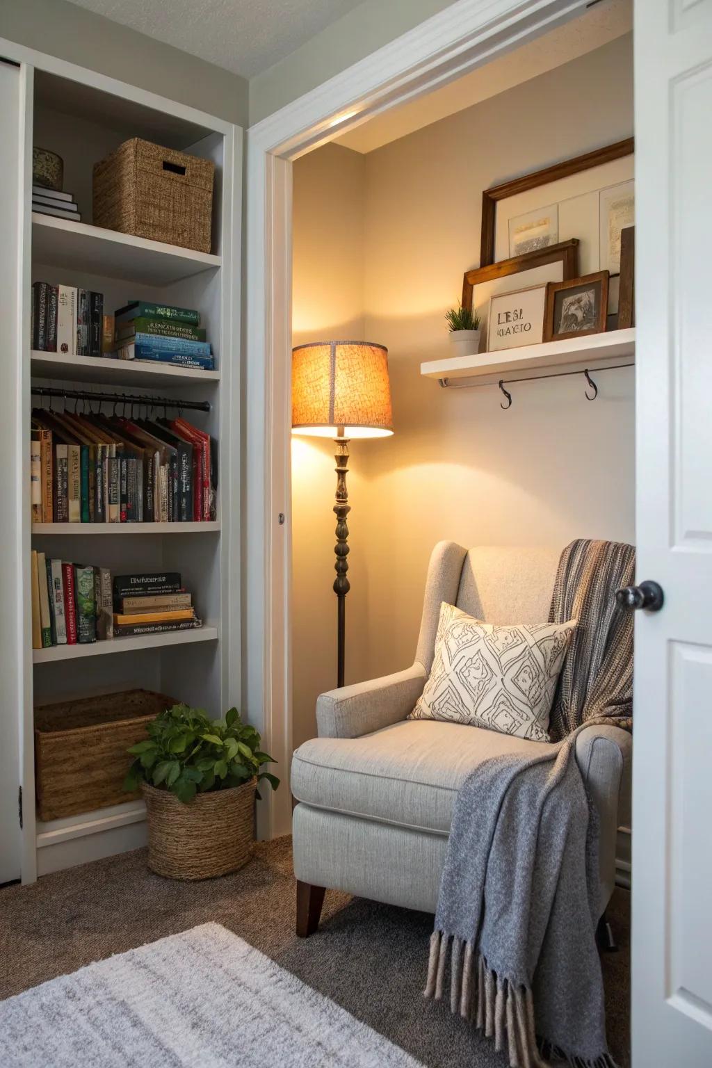 Construct a snug reading corner beside your closet bed.