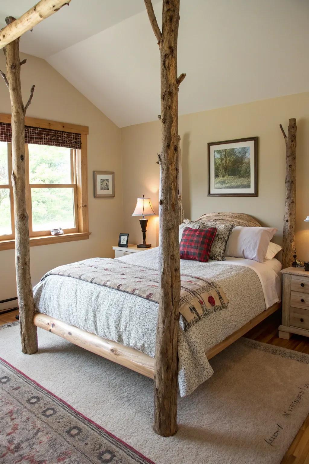 Raw tree limb bedposts bring a tranquil, organic touch to the boudoir.