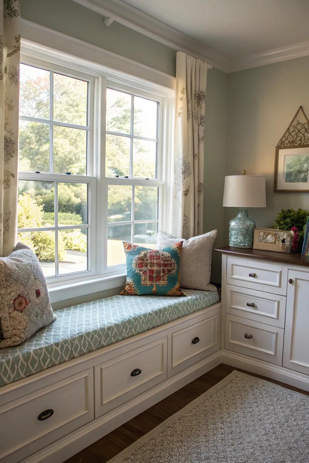 A window seat seamlessly blends comfort and view.