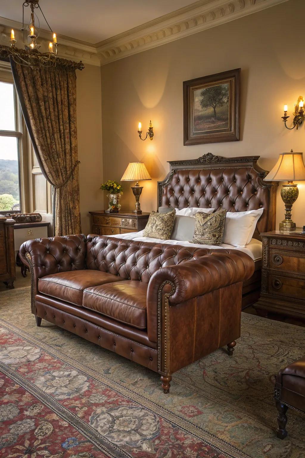 A Chesterfield settee in a bedroom, exuding sophistication.