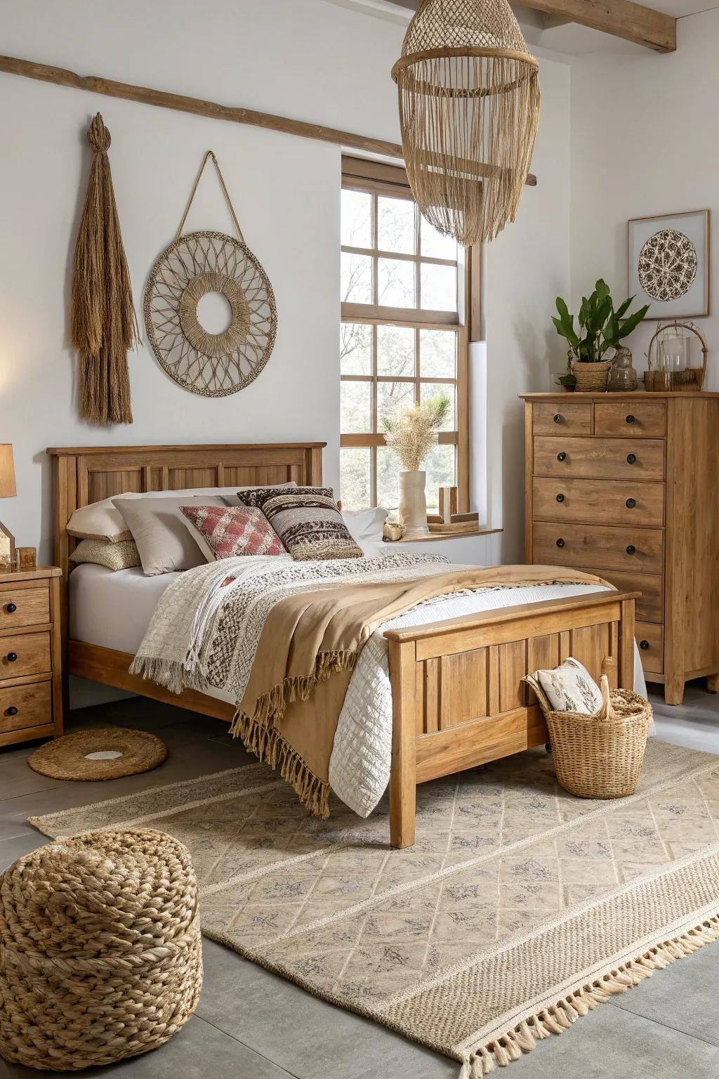 Natural components append warmth and texture to this bedroom.