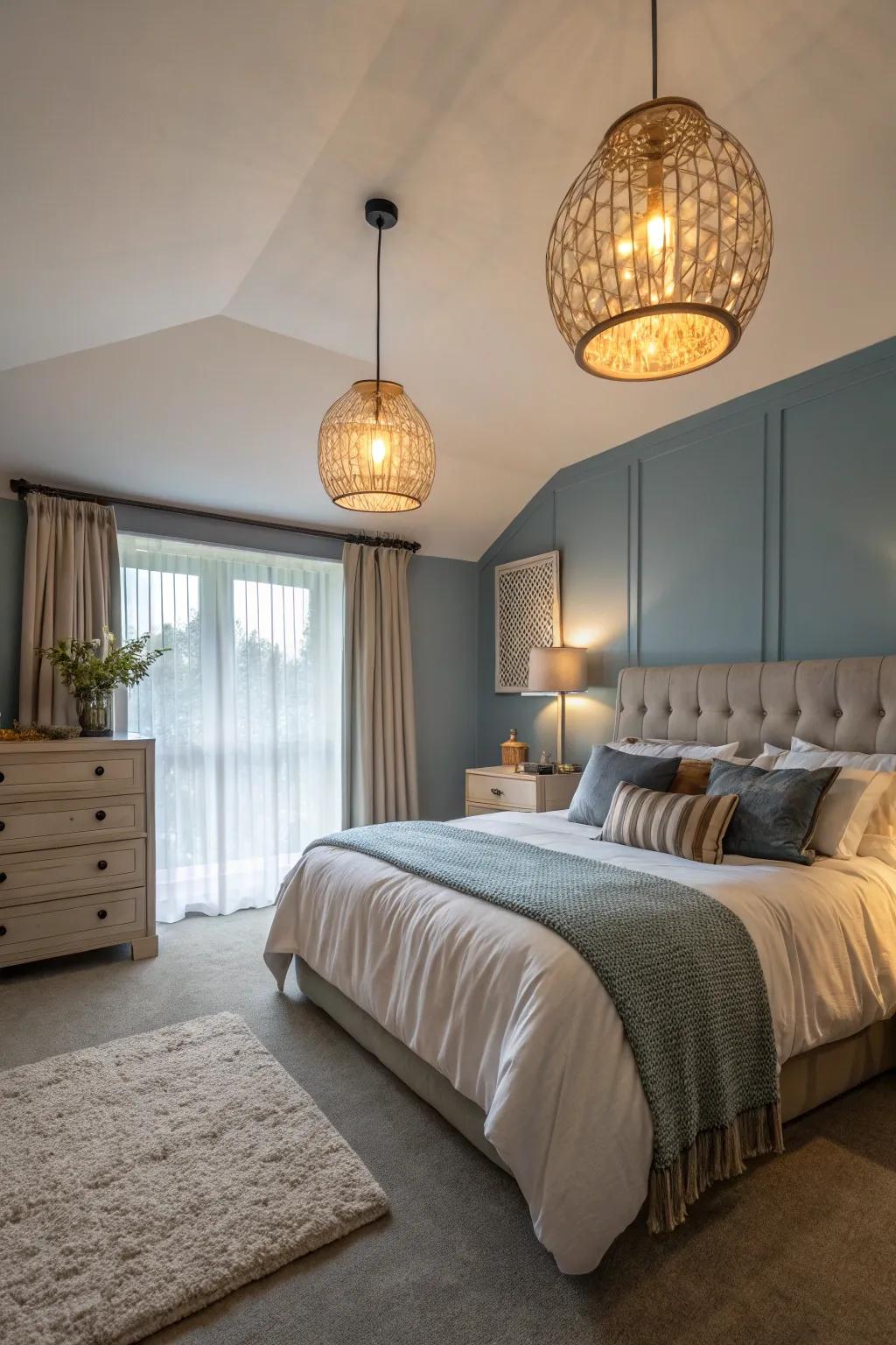 Large lanterns add dramatic flair at the bedside.