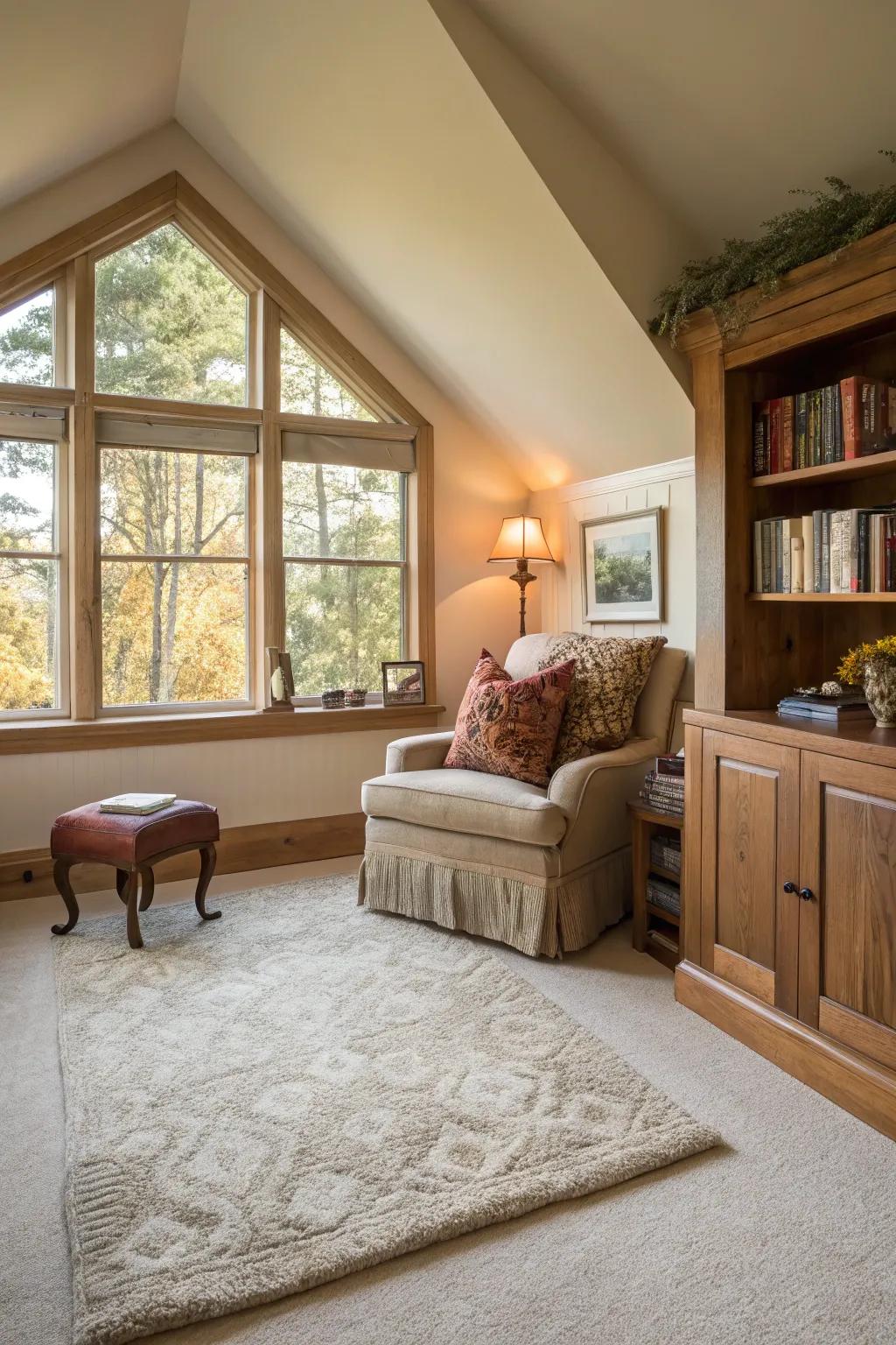 A comfortable carpet that defines this welcoming bedroom nook, adding warmth and texture.
