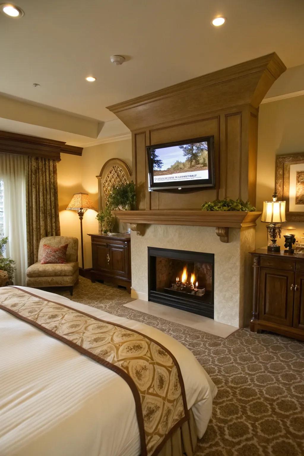 A fireplace enriches your bedroom's TV space with luxury and warmth.