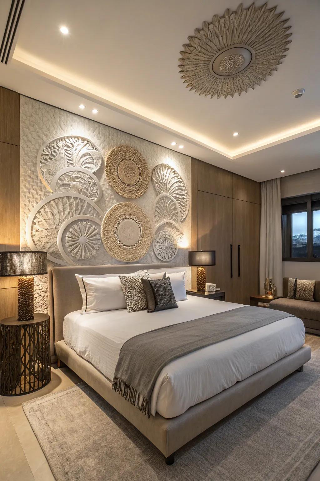 Wall sculptures introduce an artistic element to your bedroom.