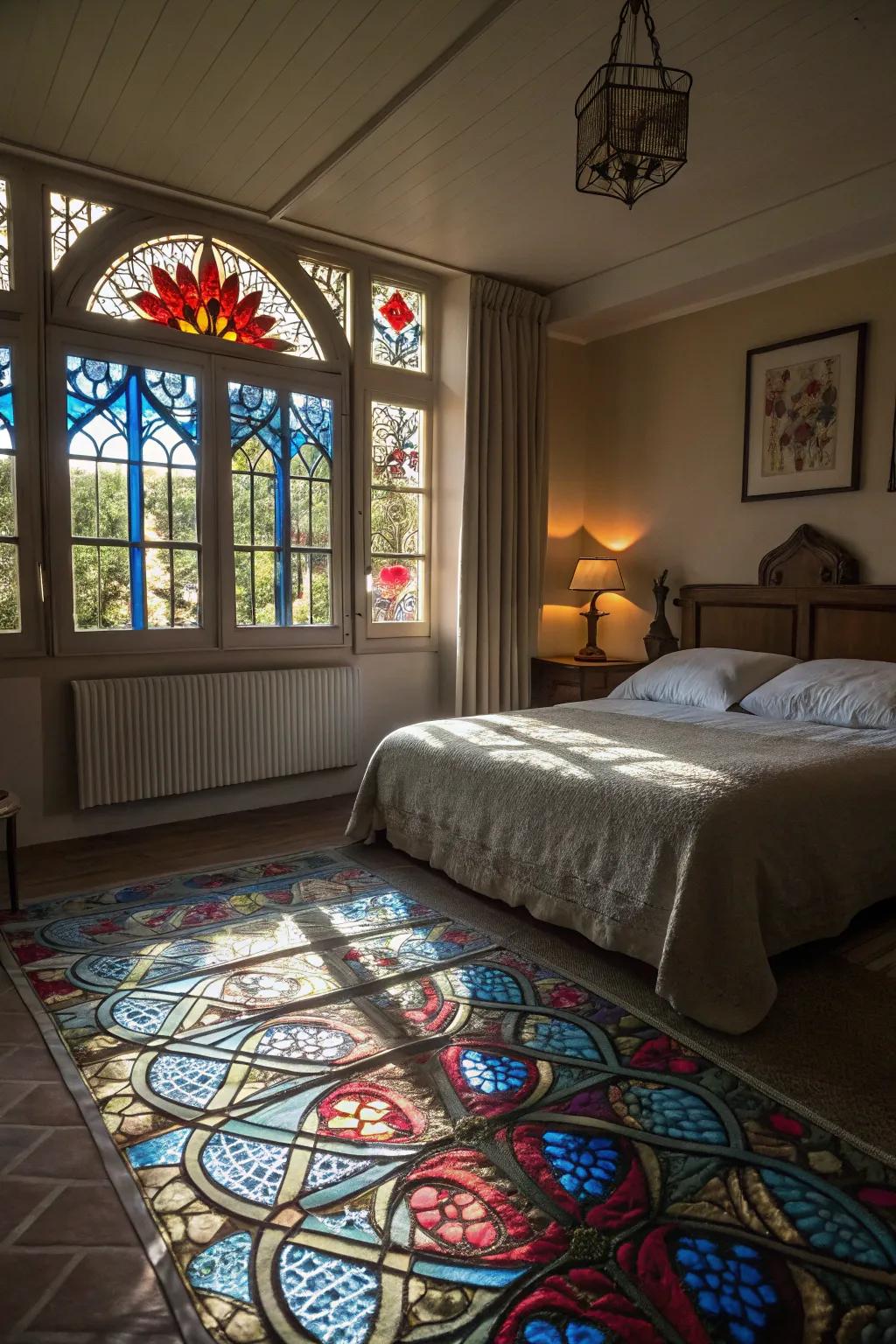 Art glass windows inject an artistic splash of light and color.