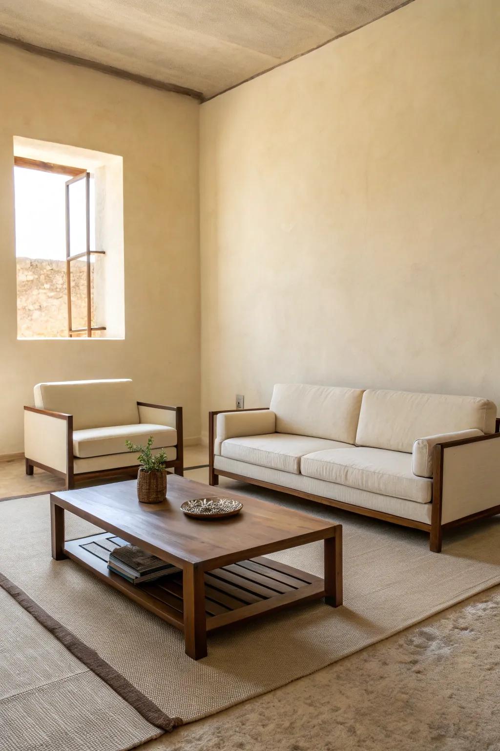 Minimalist furnishing complements the modern aesthetic of this beige interior.
