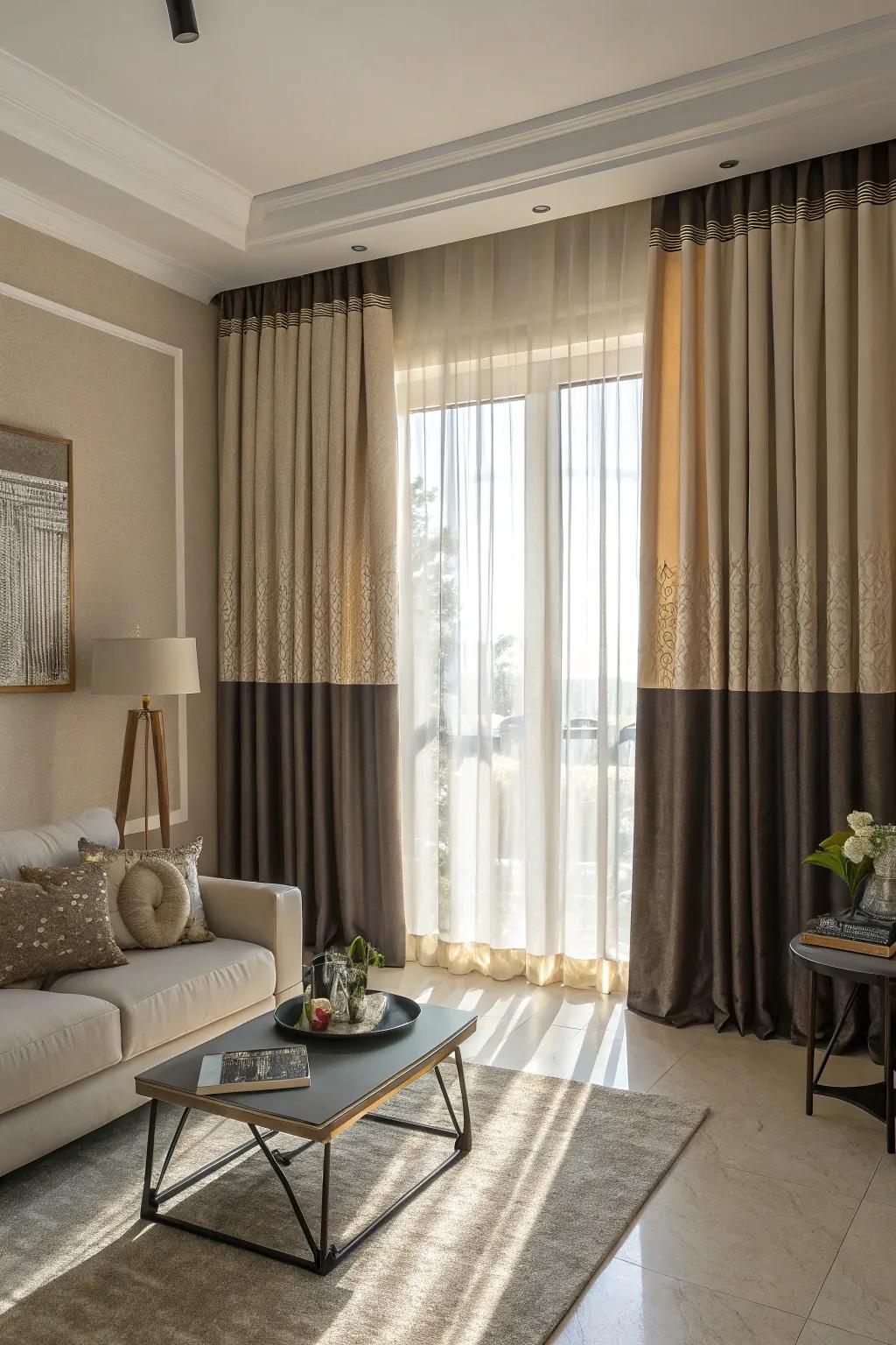 Two-tone window coverings introduce a dynamic and artistic touch.