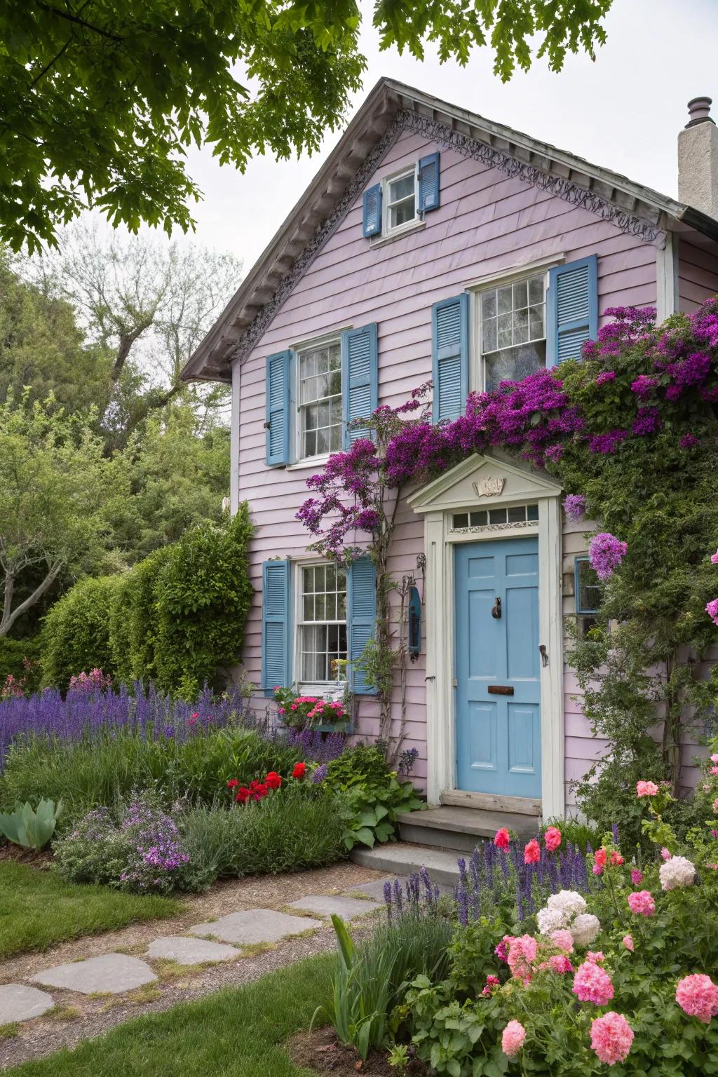A dreamy, tranquil feel is delivered through soft lilac and light cerulean.