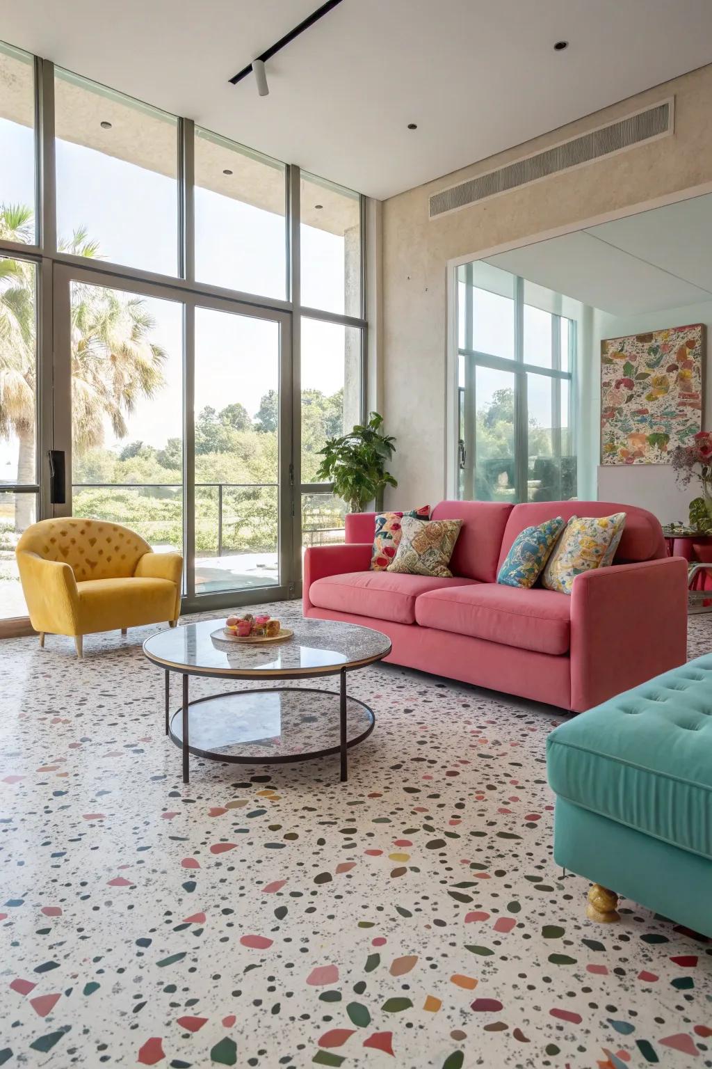Fashionable living area featuring striking terrazzo floors