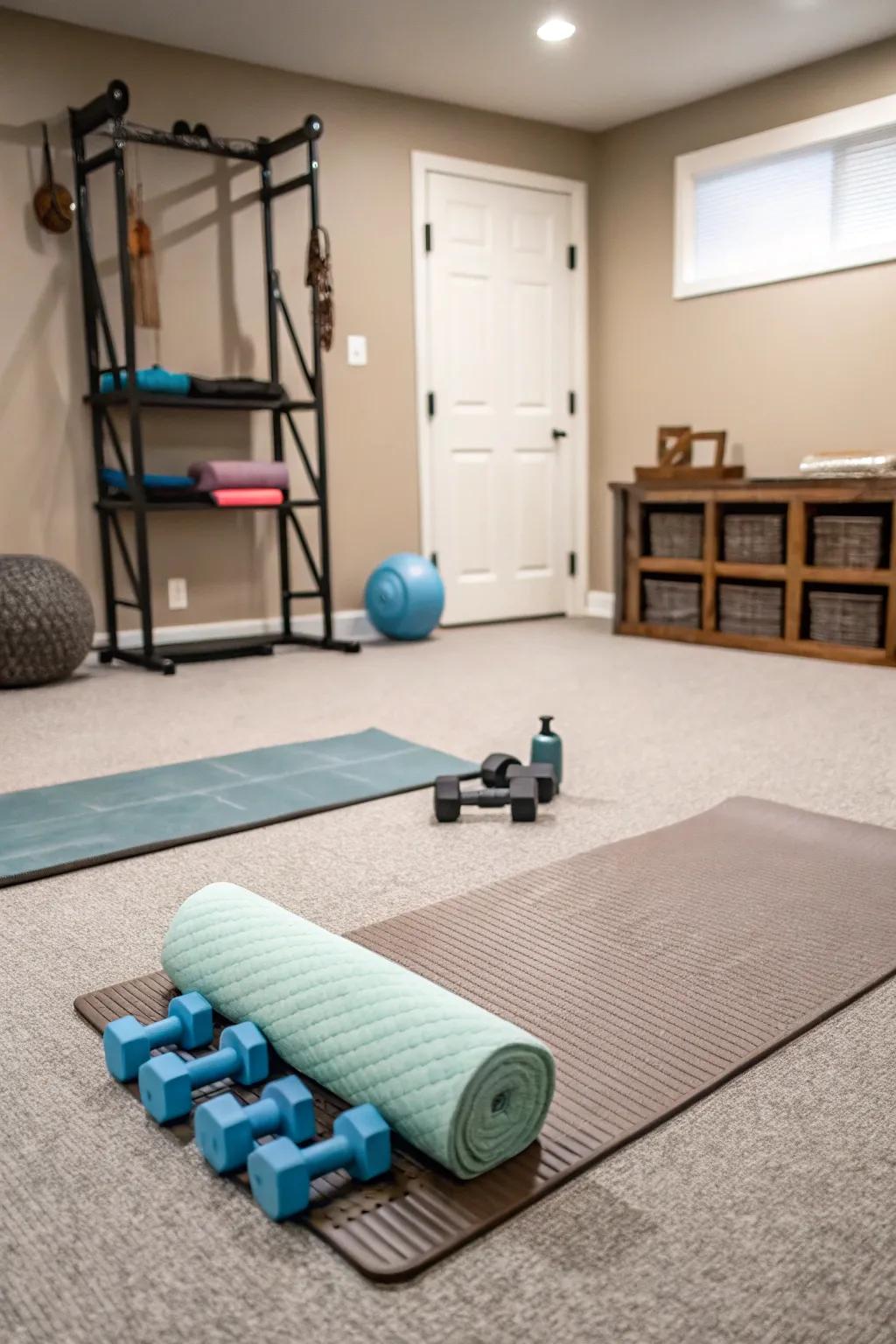 Floor cloth squares forge a restful and versatile gym atmosphere.