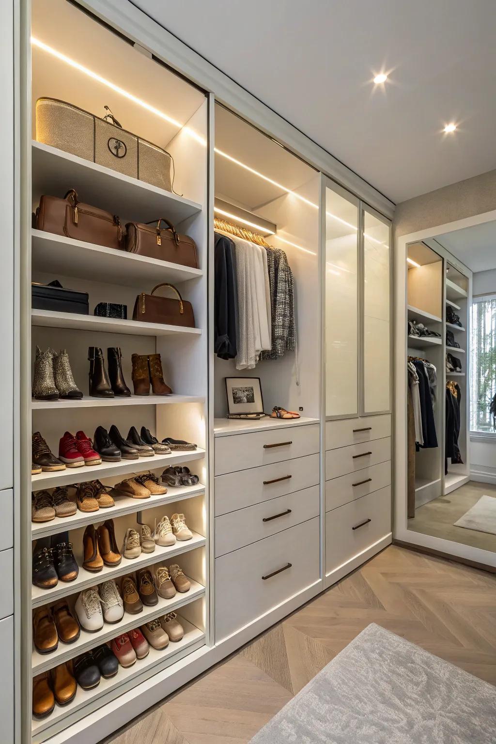 A closet with custom-built storage compartments for shoes and accessories.
