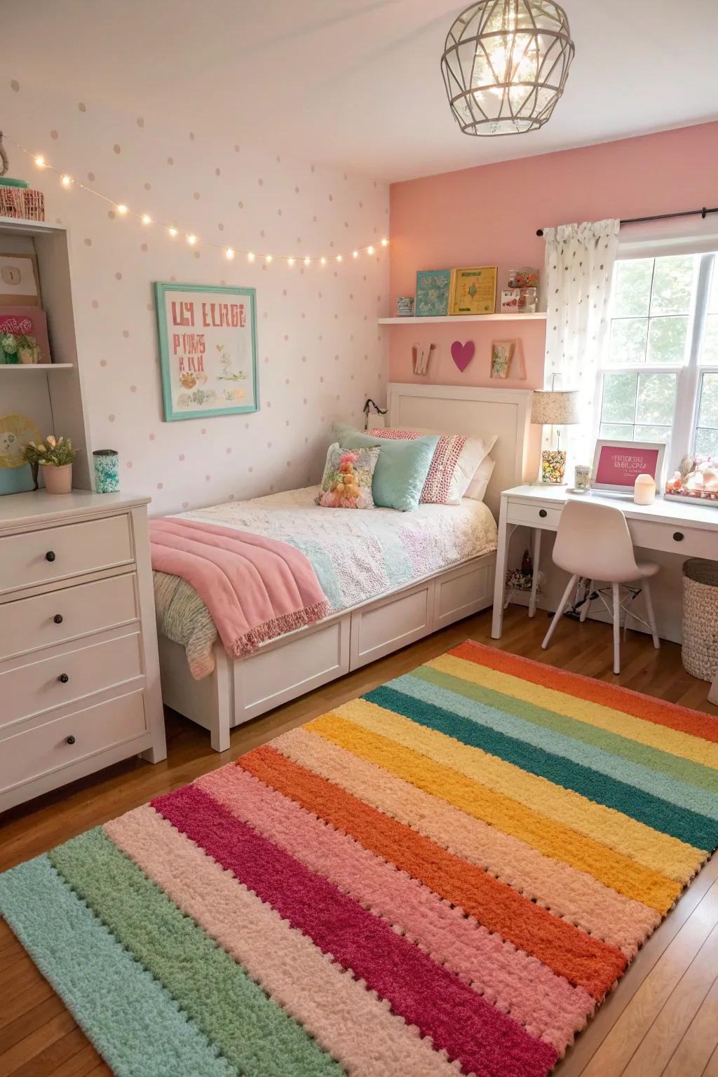 A striking floor covering that unifies the space's color scheme.