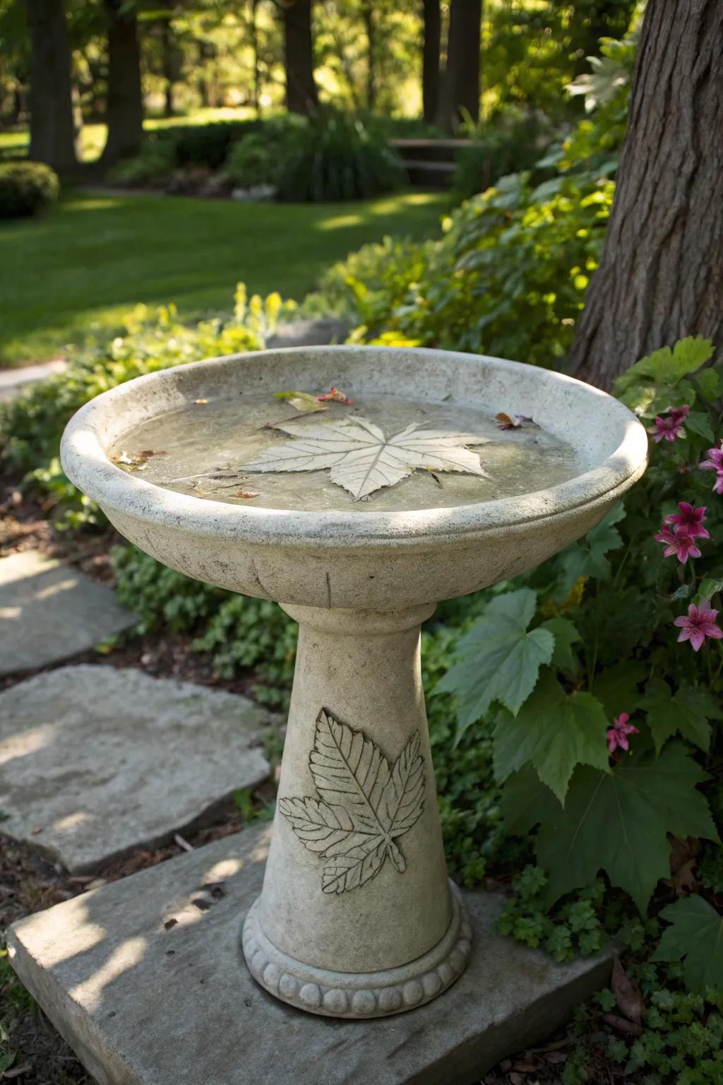 A foliage-engraved bird watering spot intermingling artistry and the great outdoors.