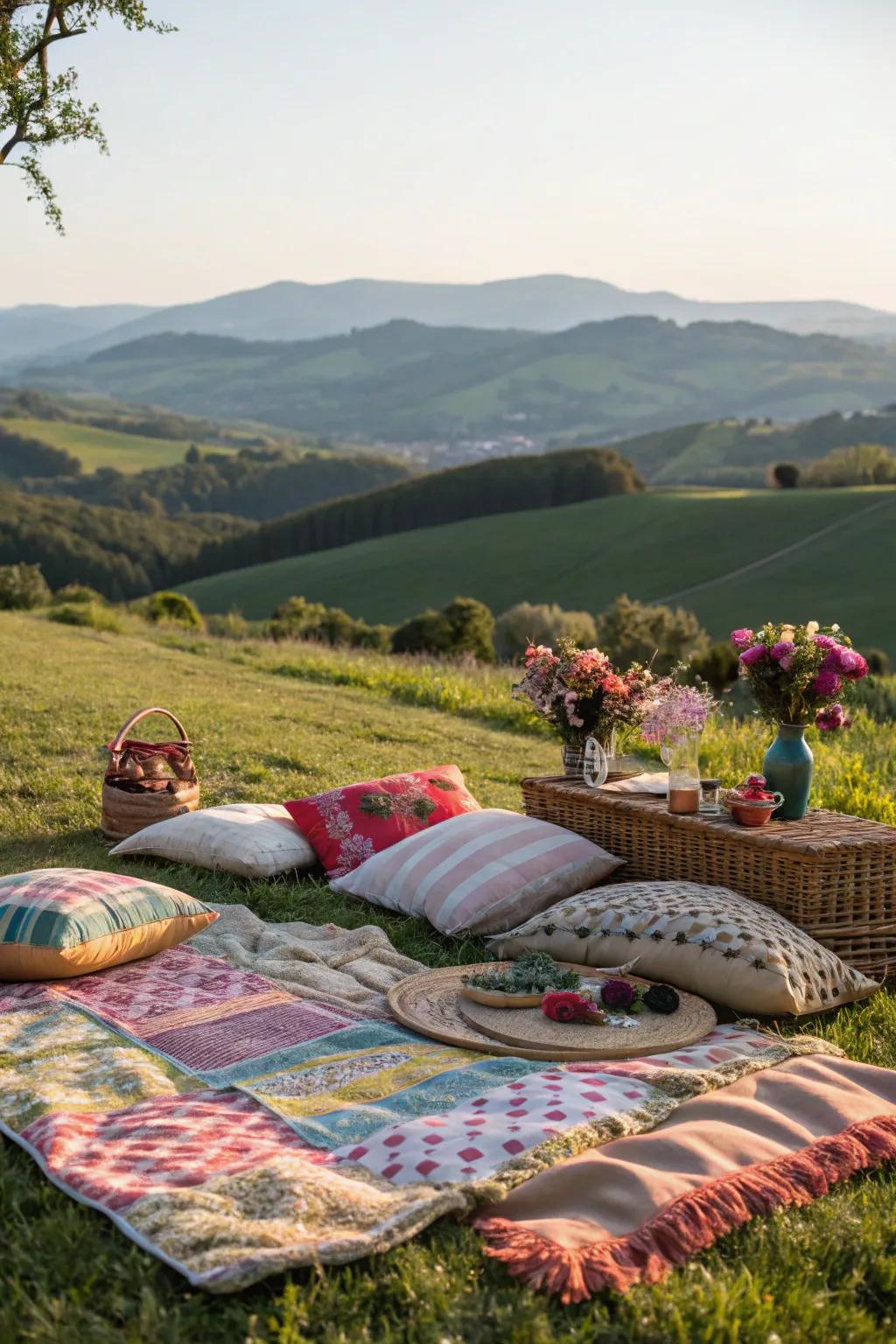 A charming open-air picnic display with a scenic landscape.