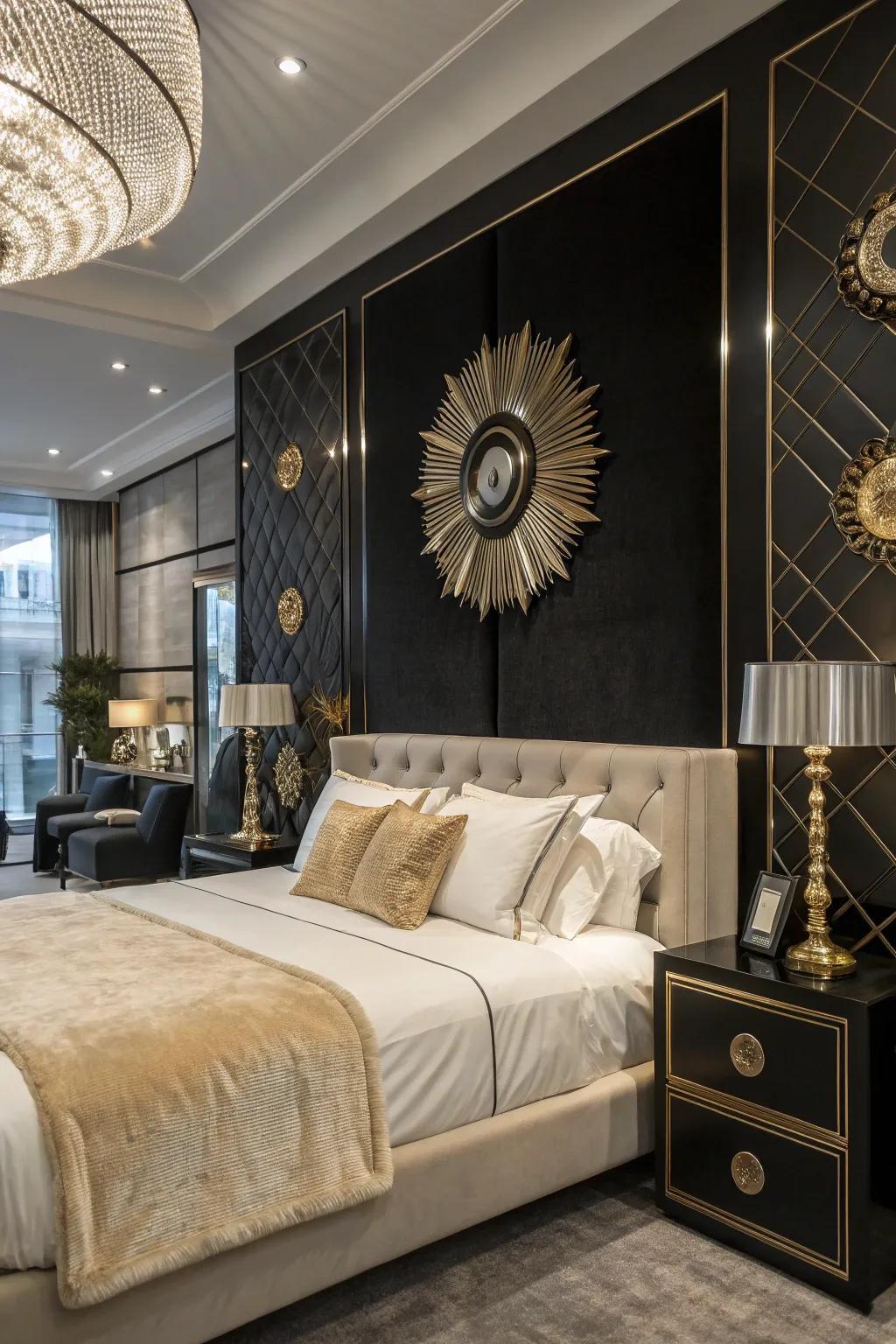 Metallic effects impart opulence and refinement to a black statement wall.