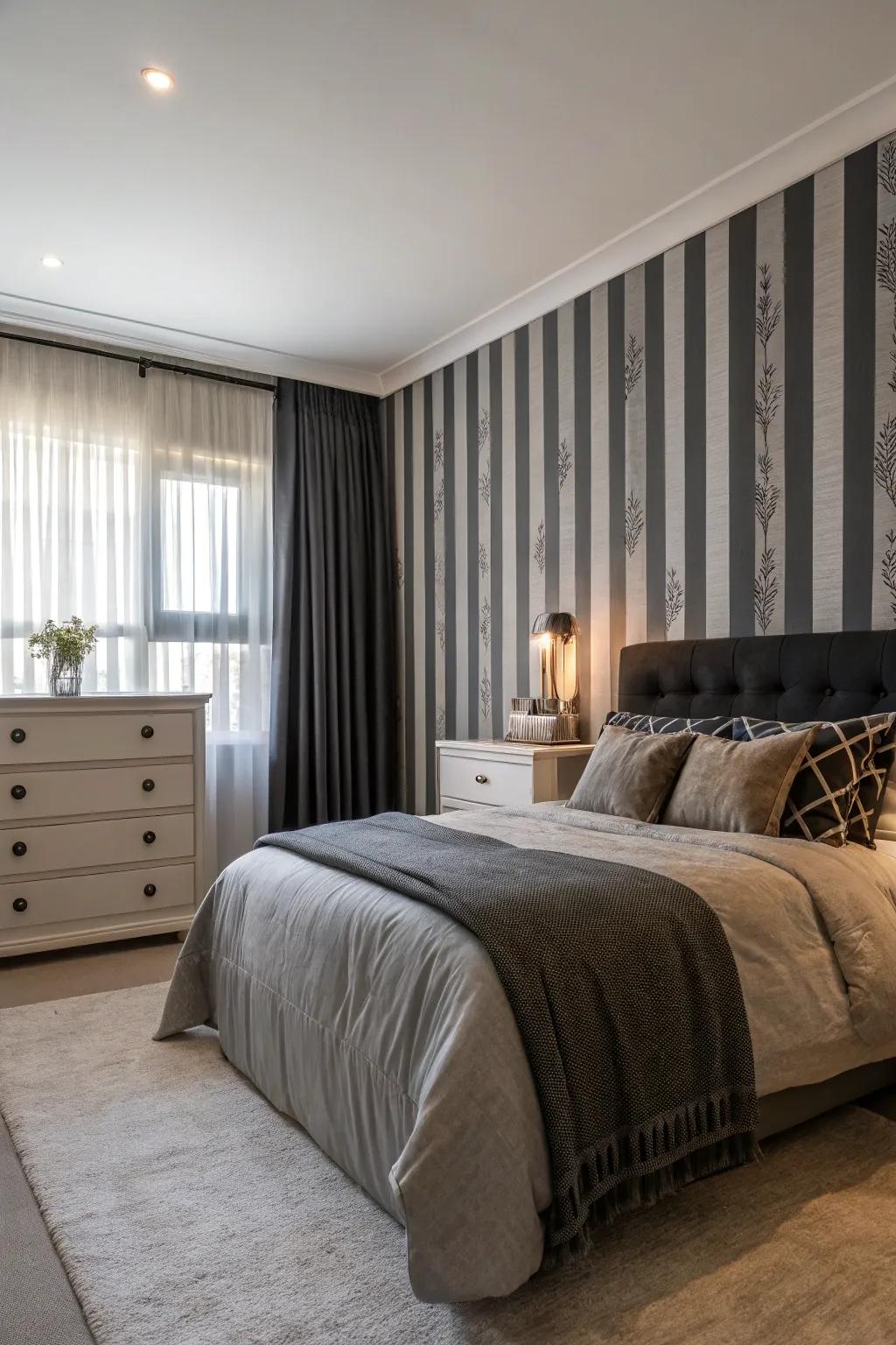 A bedroom with black and grey striped feature wallpaper.