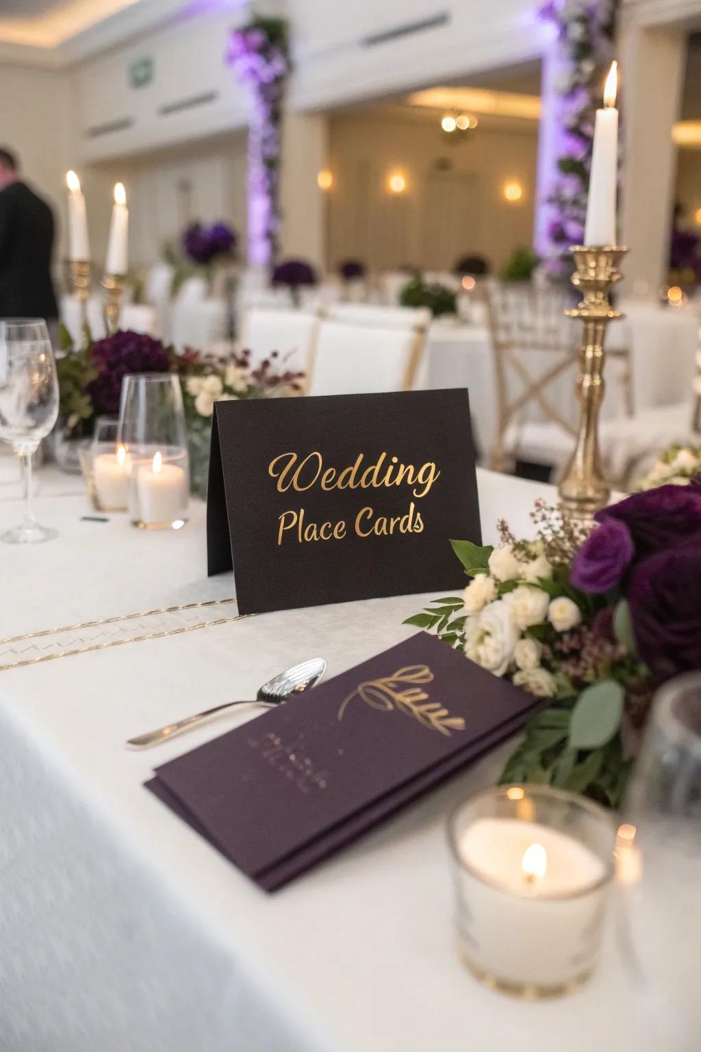 Place cards designed in black and purple.