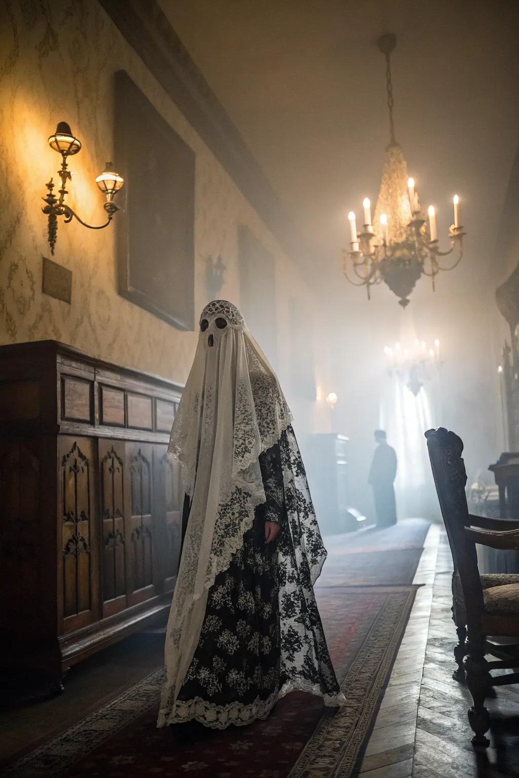 Evoke Victorian-era mystique with a dramatic black and white ghost costume.