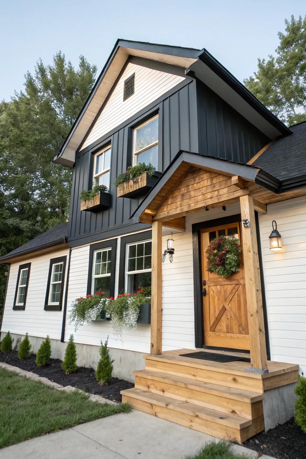 Wood accents add warmth to this black and white exterior.