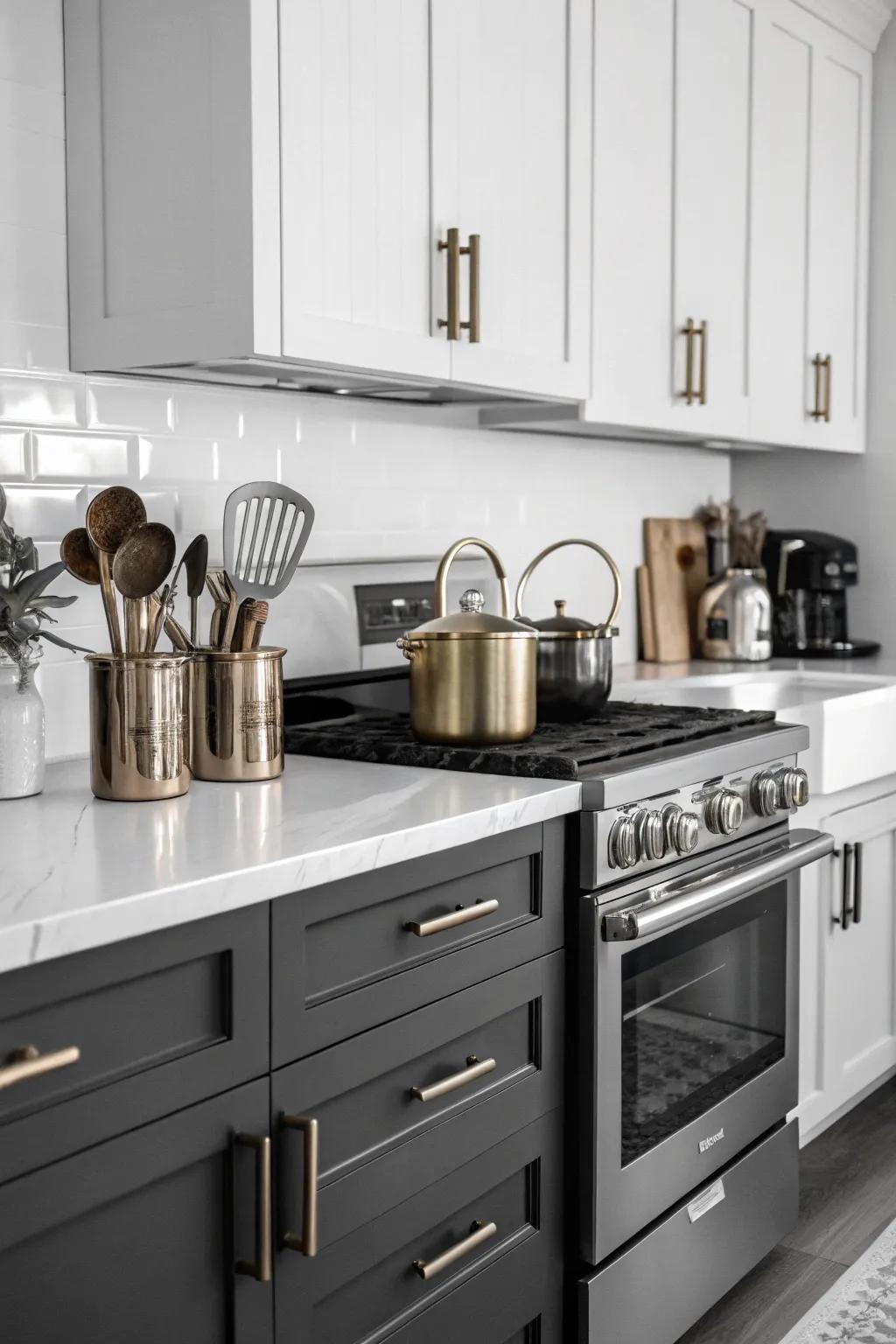 Blended metallic tones infuse luxury into this cooking area's design.