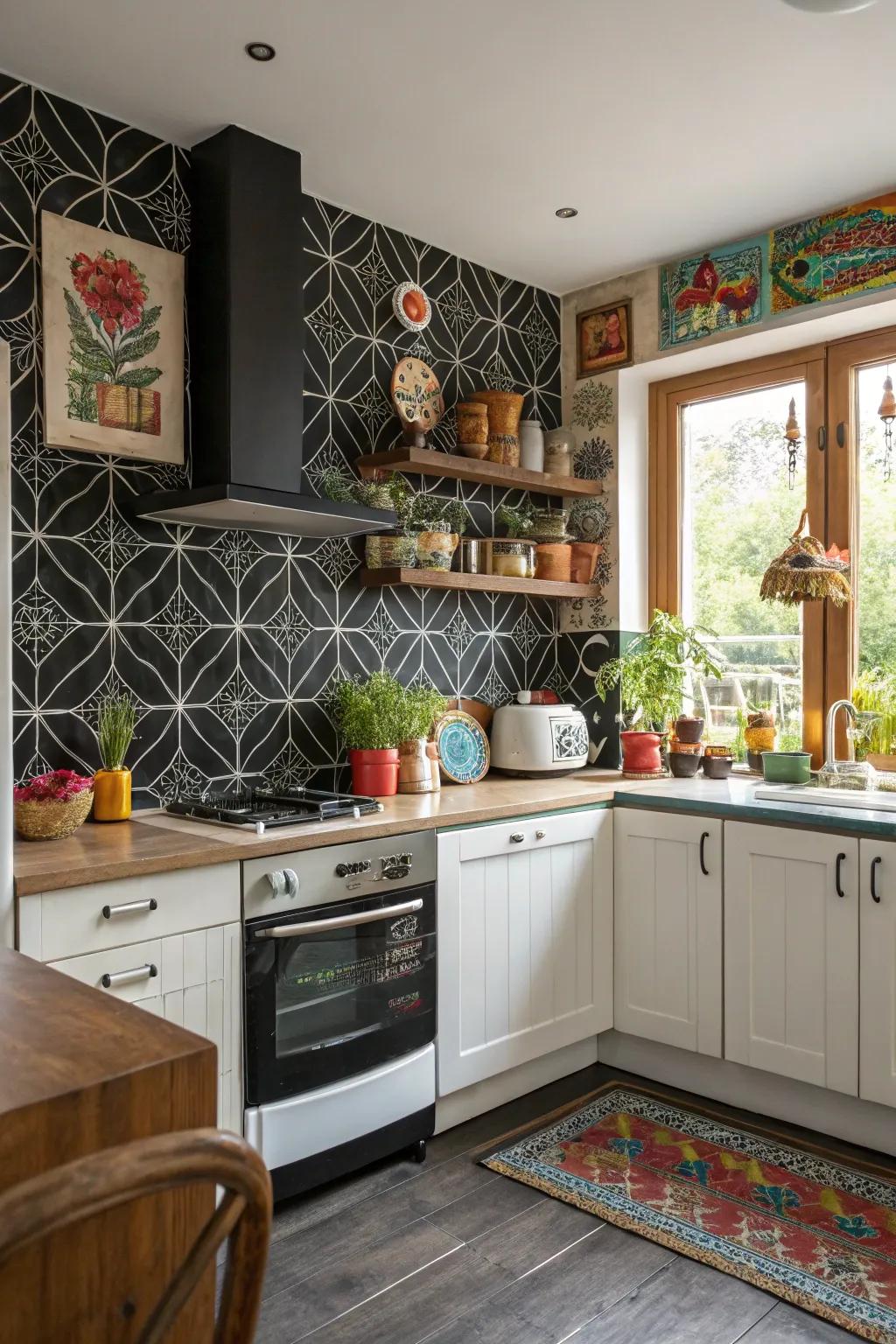 Artful patterns turn a black backsplash into a captivating feature.
