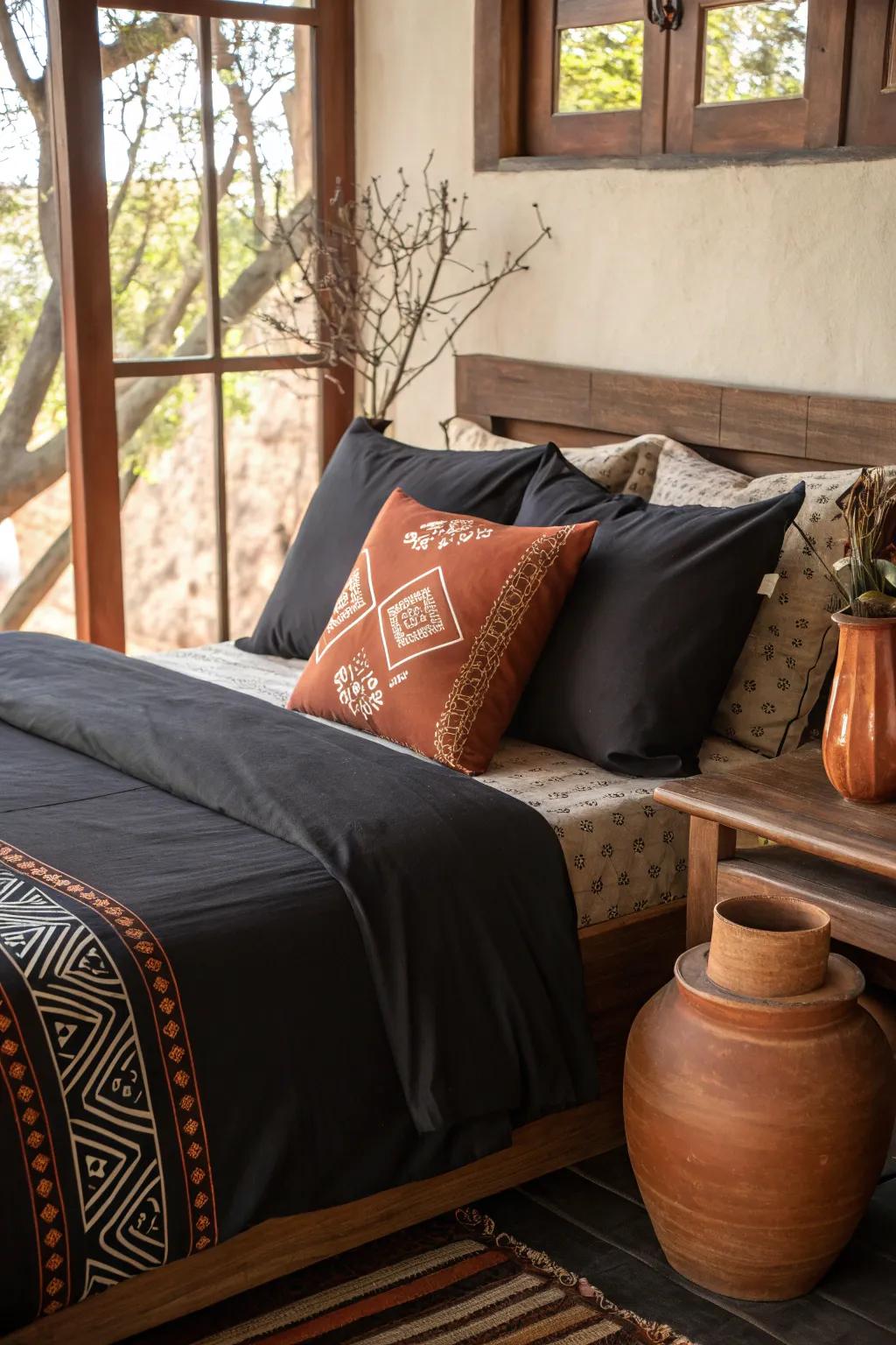 Establishing black bedding with earthy shades.