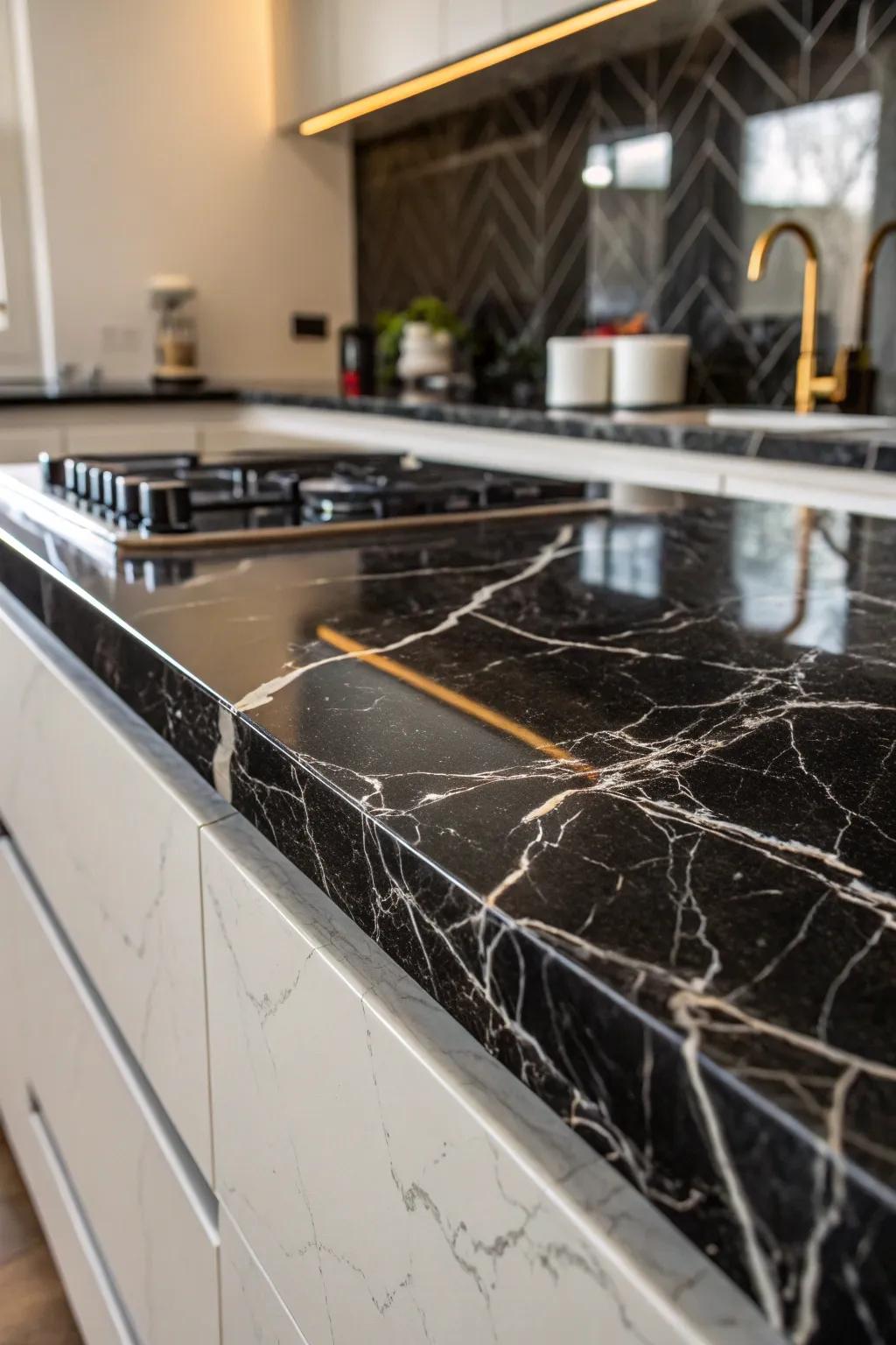 Veined dark-toned countertops adding depth and class.