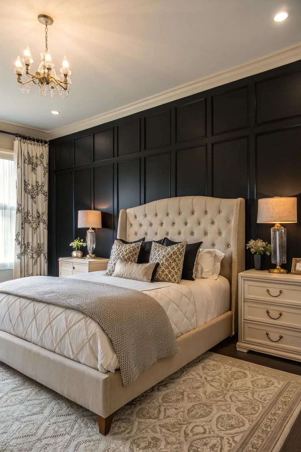A black accent wall adds striking drama to the room.