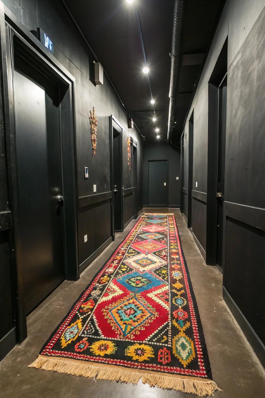 An eclectic floor covering introduces vibrancy and warmth inside a dark entryway.