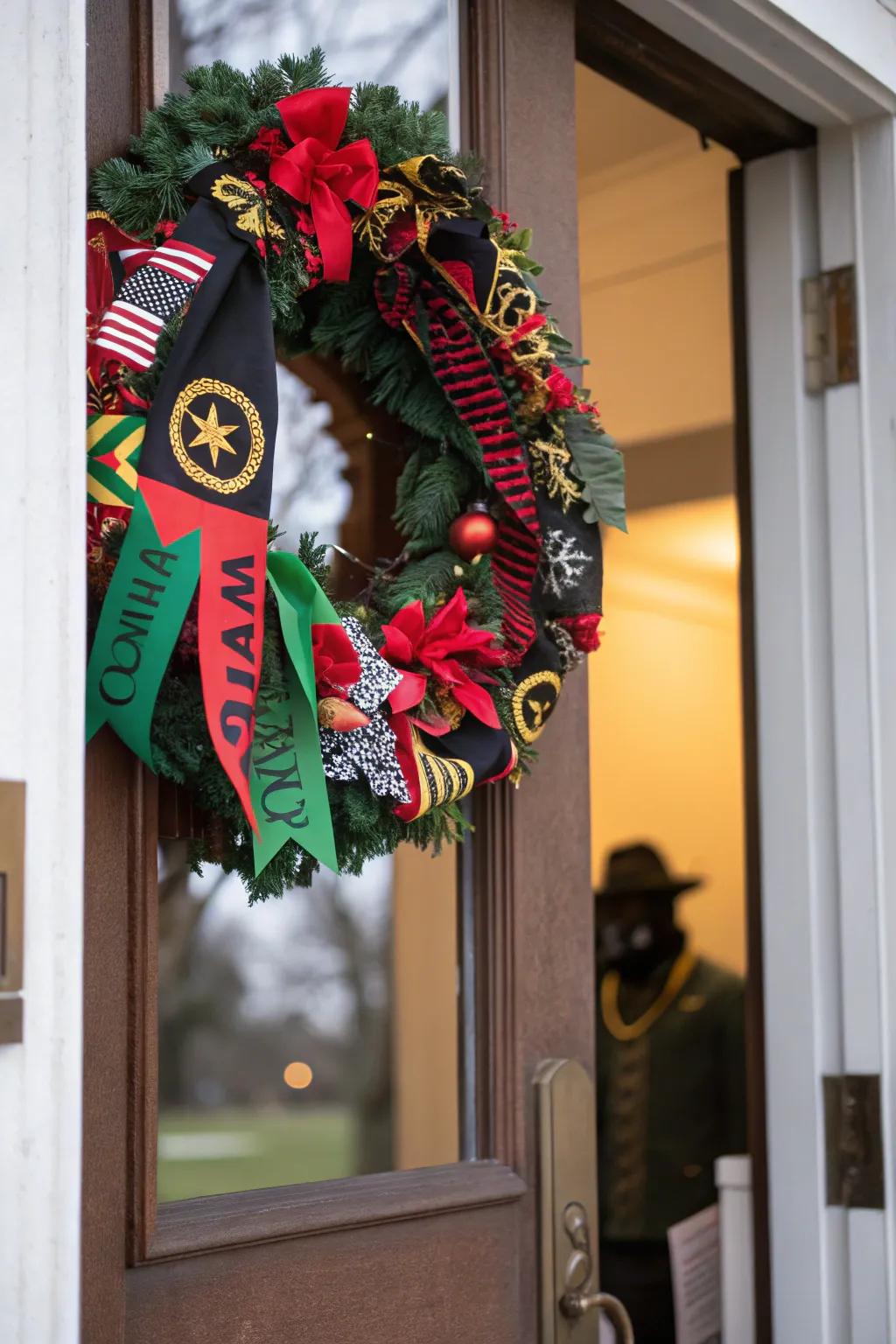 A wreath celebrating Black heritage brings a welcoming touch.