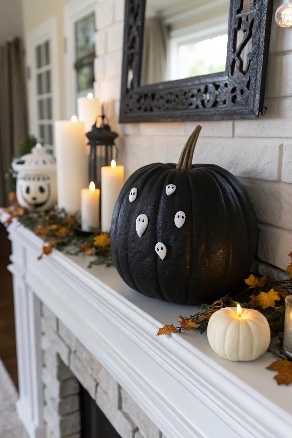 A charming combination of black pumpkins and ghost companions for a cozy Halloween display.